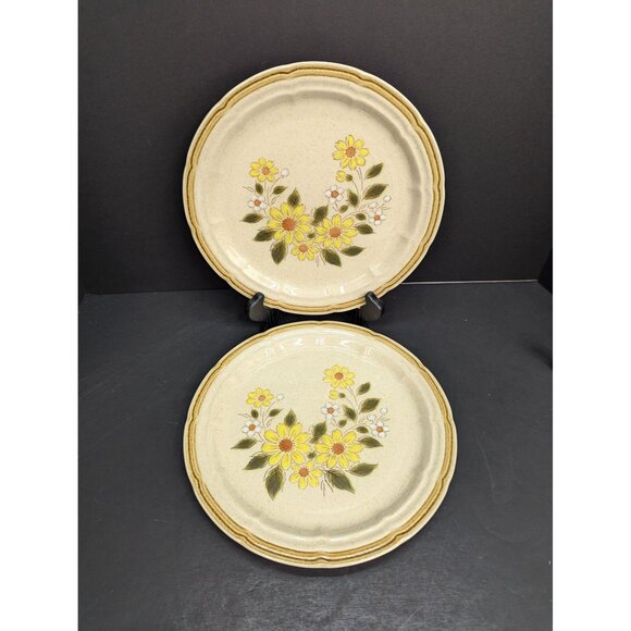 Crown Manor Handpainted Stoneware Spring Daisy 10 1/2" Dinner Plate Set of 2 - Picture 1 of 7